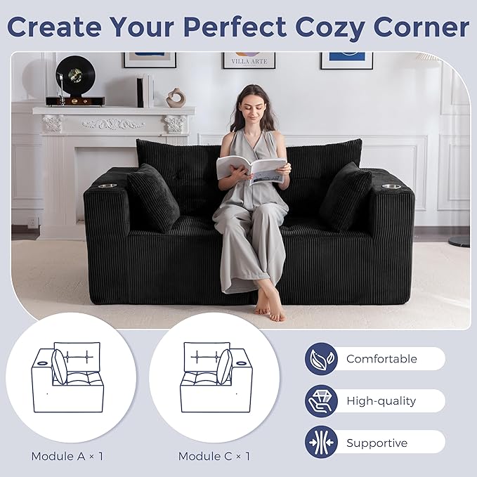 MAXYOYO Modular Sectional Sofa Couch, Loveseat Boneless Cloud Couch for Living Room, Sofa in A Box, Upholstered Cozy Chair with Tufted Craft, No Assembly Required, Black