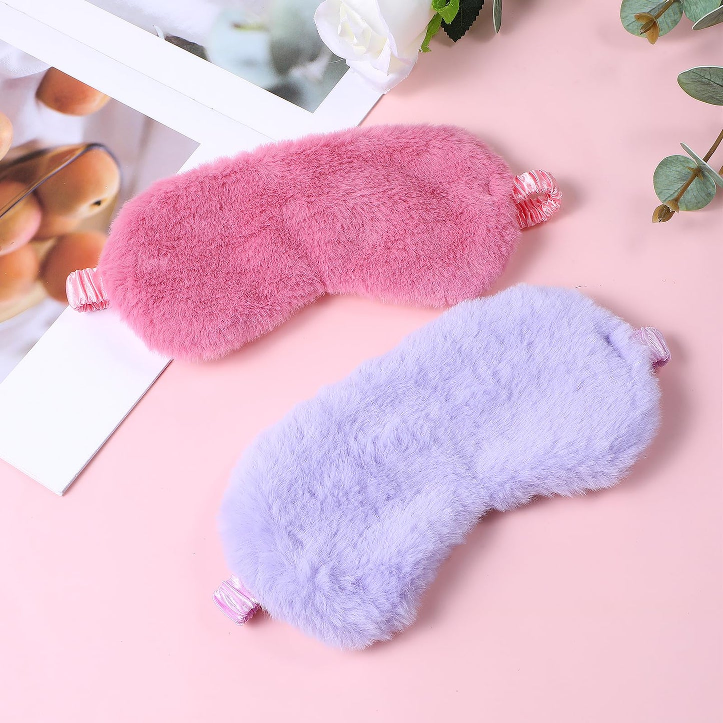 2 Pcs Plush Eye Mask Soft Sleeping Blindfold Eye Cover Comfortable Furry Faux Fur Sleeping Mask Satin Nap Night Eyeshade Cover for Women Men Gift (Rose, Violet)