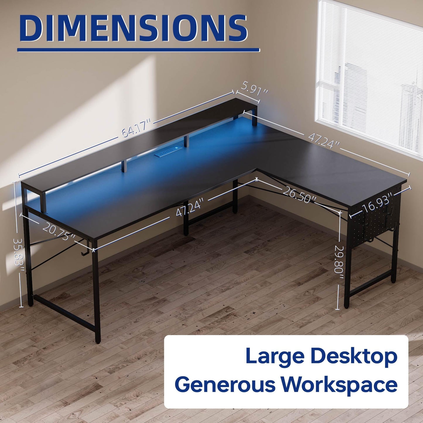 Pamray 64 Inch L Shaped Gaming Desk with Power Outlets and Led Lights, Large Corner Computer Desk with Monitor Stand and Pegboard, PC Table for Home Office and Bedroom Black