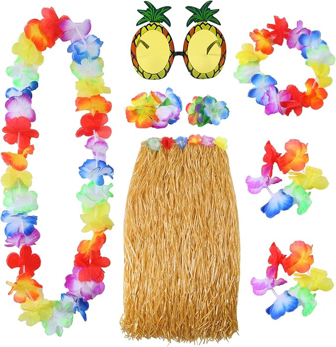 Elcoho 8 Pieces Grass Skirt Sunglasses Leis Necklace Bracelet Set Luau Decorations for Kids and Adults