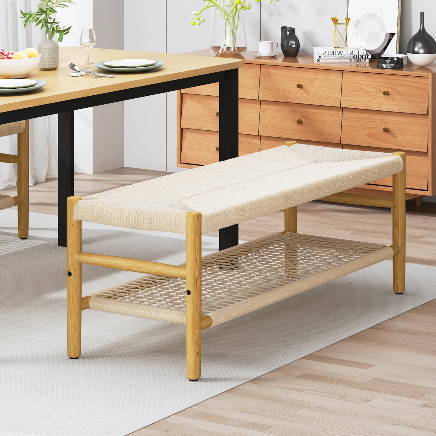 DKLGG Entryway Storage Bench with Mesh Shelf, Indoor Storage Bench Entrance Bench with Paper Cord & Rubber Wood Legs, Narrow Bench Boho Bench Dining Room Bench for Entryway, Living Room, Bedroom