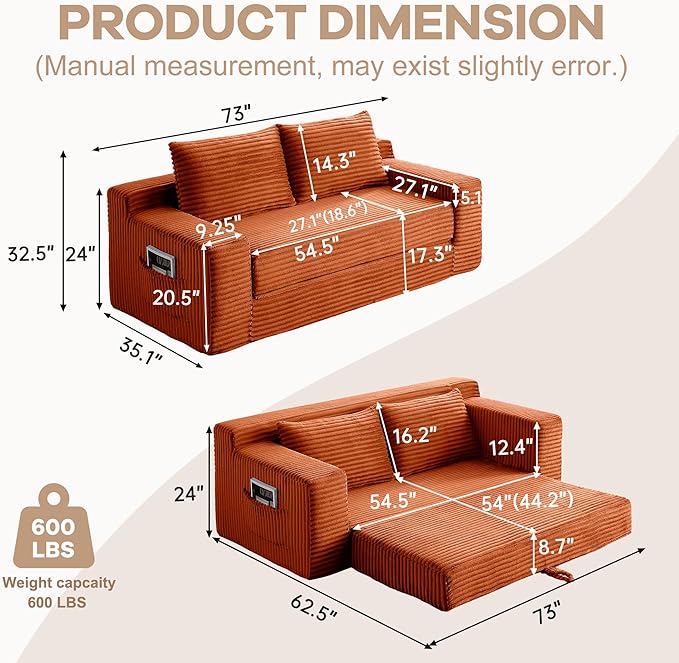 73" Convertible Sofa Bed, 2 in 1 Folding Couch Bed, Boneless Couch in a Box, Cloud Loveseat Sleeper, Fold Out Comfy Floor Futon Sofa with 2 Pillows for Living Room Bedroom, No Assembly (Orange, 73")