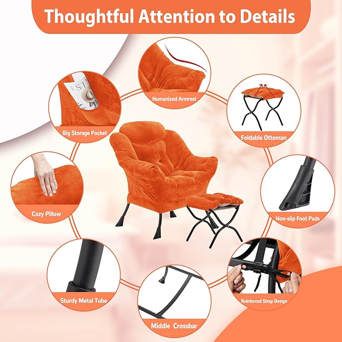 Youtanic Lazy Chair with Folding Ottoman, Accent Chair Plush Upholstered with Metal Structure and Non-Slip Pads, Sofa Armchair with Footrest and Side Storage Bag for Dorm, Room, Office, Orange