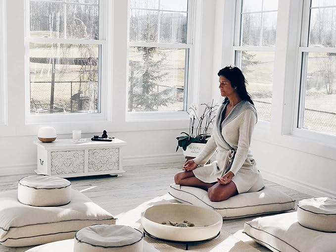 Organic Round Meditation Cushion by renoo - Durable Comfortable Cotton, Linen, Hemp - Modern Zafu - Buckwheat Floor Pillow Yoga Bolster in 15 Colors Removable Cover - 15 inches - Dune