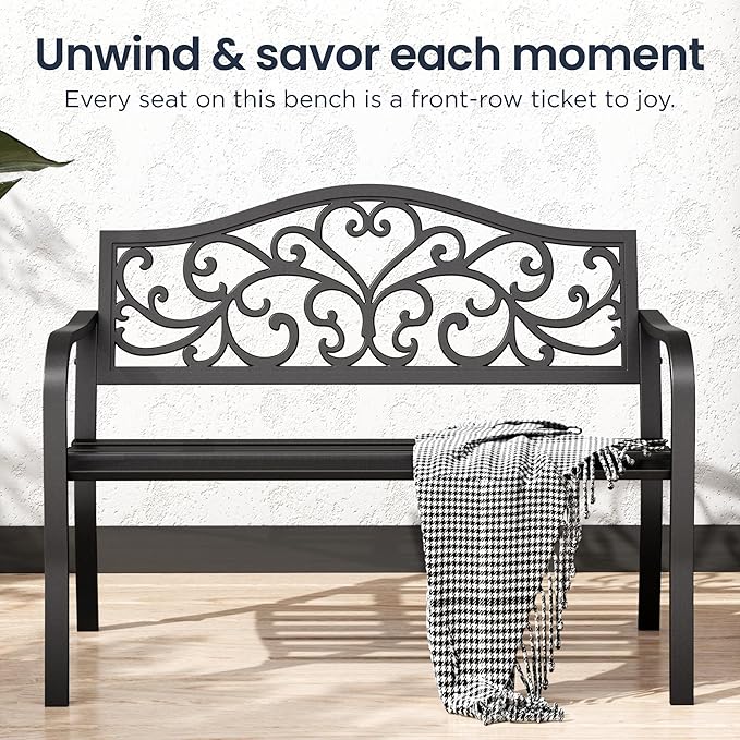 PHI VILLA 43 Inch Cast Iron Steel Frame Outdoor Garden Bench, Patio Furniture Chair Bench w/Floral Design Backrest, Slatted Seat for Park, Yard, Porch - Black