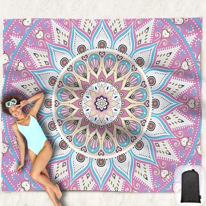 Hiwoss Beach Blanket Waterproof Sandproof Oversized 95”x 80”,Sand Free Beach Mat with Corner Pockets,Portable Mesh Bag for...