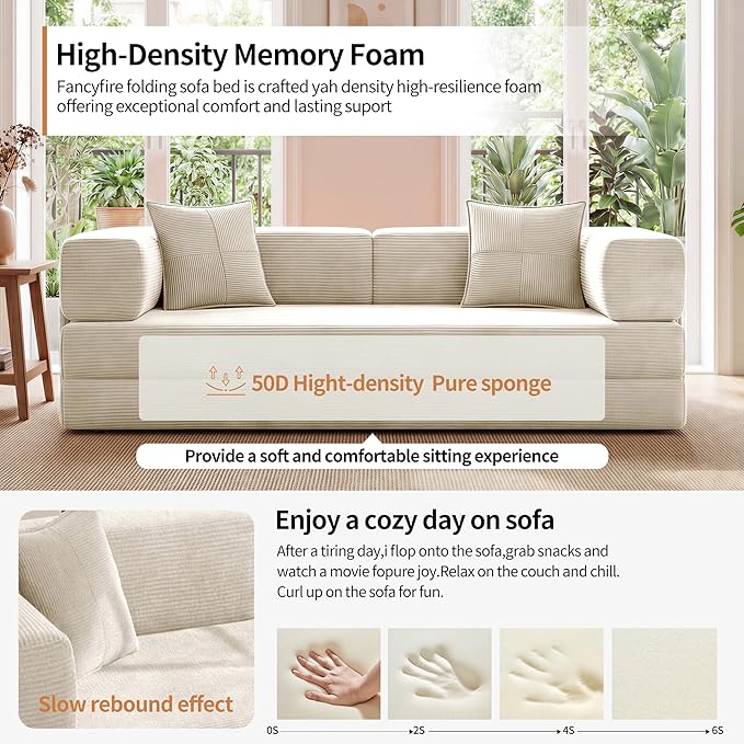 Fancyfire 78.8" Convertible Sofa Bed with Armrest Pillow,4-in-1 Sleeper Couch Bed for Livingroom,Modular Corduroy Boneless couches,No Assembly (Beige)
