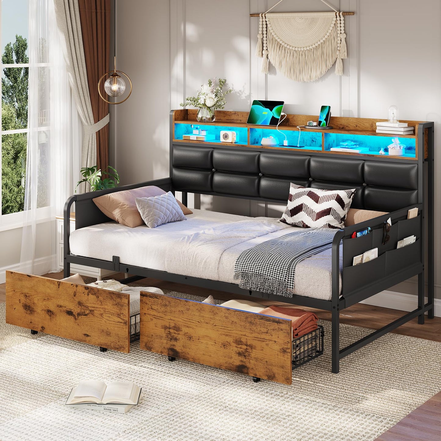 VIAGDO Daybed with 2 Drawers, Twin Day Bed with Upholstered Headboard and Charging Station, Metal Day Bed Frame with Storage and LED Lights, Twin Daybed for Living Room, Bedroom, Guest Room, Black