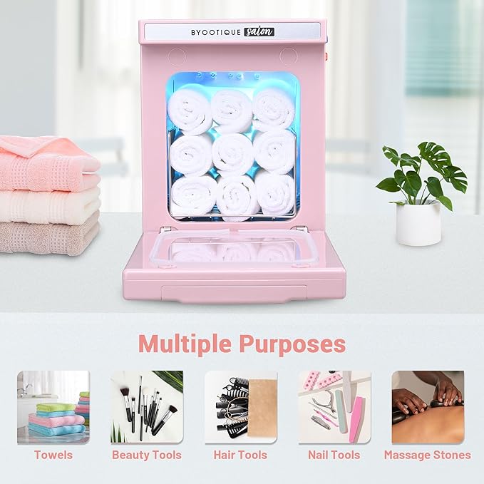 BYOOTIQUE 5L Hot Towel Warmer Mini,2in1 Professional Fast Heating Hot Cabinet for Towel Steamer Beauty Salon Facial Spa Nail Salon Barber Shop,Pink