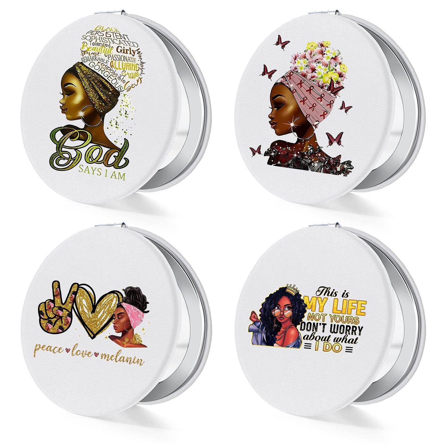 Fumete 4 Pcs African Women Compact Travel Makeup Pocket Mirror for Purse Mini Compact Small Double Sided Folding Mirror Portable
