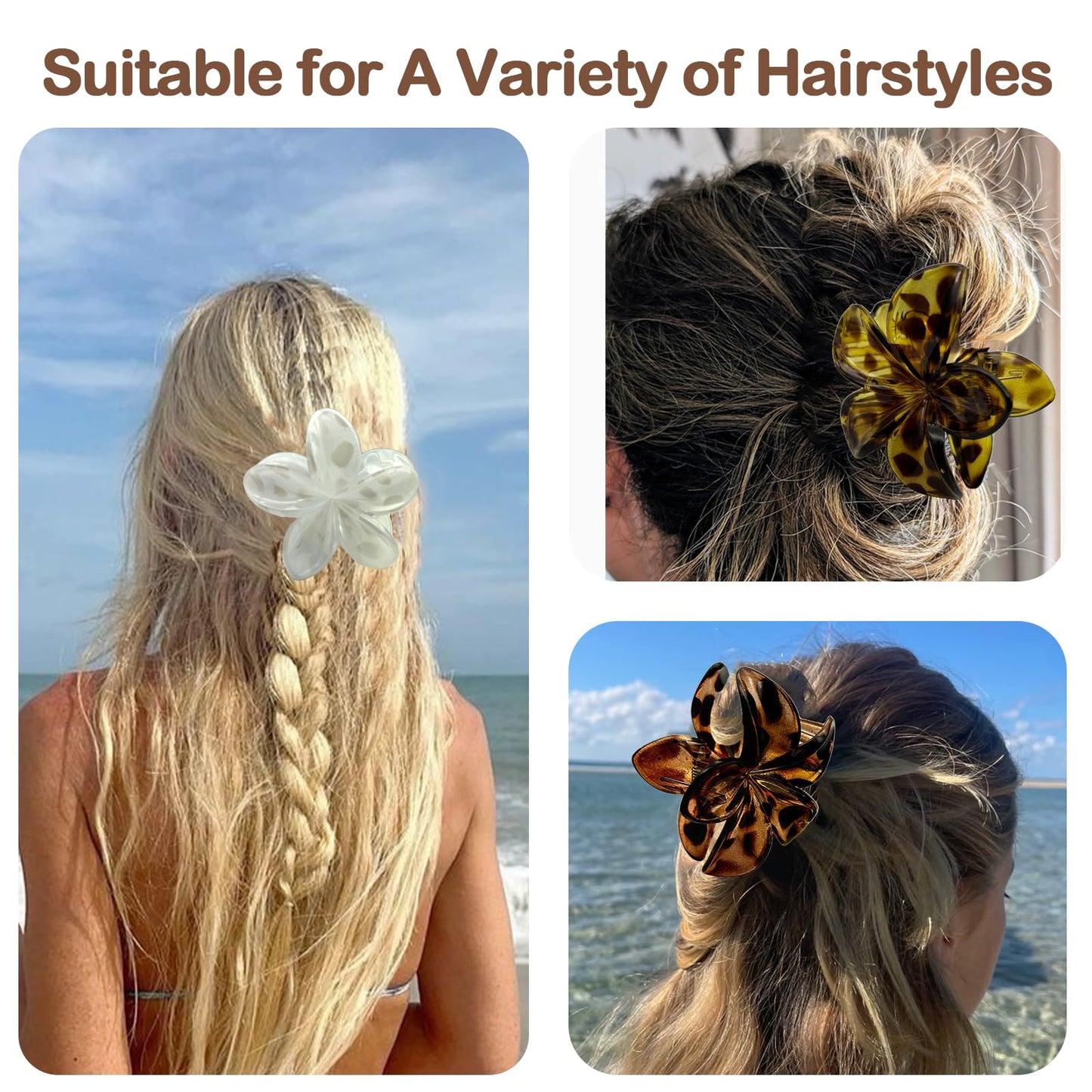 Flower Hair Claw Clips for Women, 4 Pack Hawaiian Flower Hair Clips, Plumeria Leopard-prints Claw Clips for Thick Thin Hair, Lar