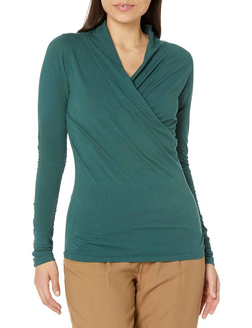 VELVET BY GRAHAM & SPENCER Women's Meri Gauzy Whisper Classic Wrap Front Top, Pine, X-Small