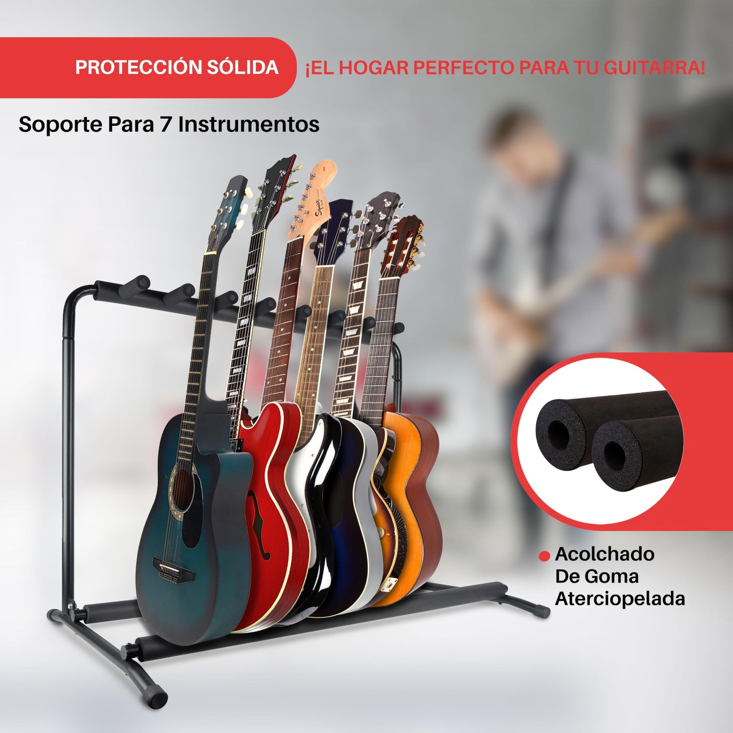 Pyle Multi-Guitar Stand 7 Slot Display Rack - Universal Framework Designed For Electric, Acoustic, Bass Guitars & Cases - Foldab