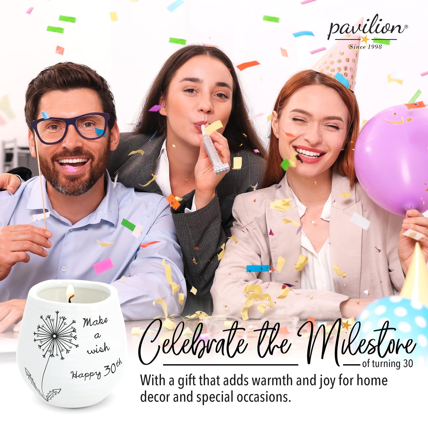 Pavilion - 8 Oz Candle Holder - White Ceramic Candle Jar with 100% Soy Wax Candle Serenity Scent "Make a wish Happy 30th" Ideal Gift for Loved Ones - Printed Text, Love Theme & Oval Shape