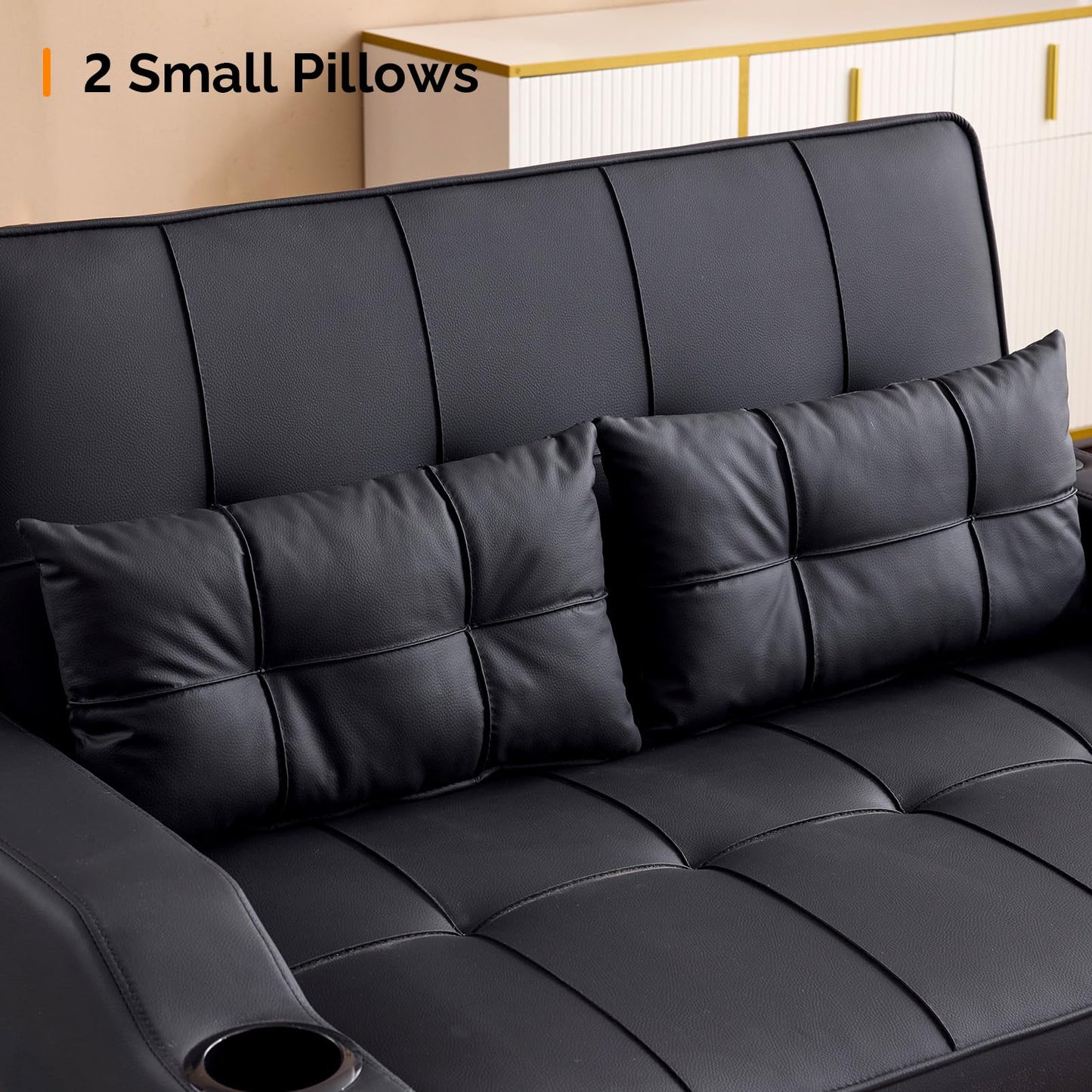 VINGLI Convertible Loveseat Sleeper, Black Faux Leather Futon Sofa Bed Pullout Couch Bed with USB Ports, Cup Holders, Armrest for Living Room, Bedroom, Home Office Apartment