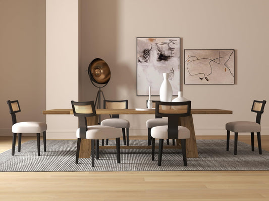 BESTANO Rattan Dining Chairs Set of 6, Mid-Century Modern Black Wooden Farmhouse Dining Chairs Linen Fabric Upholstered Kitchen Dining Room Chairs with Curved Cane Back, Beige