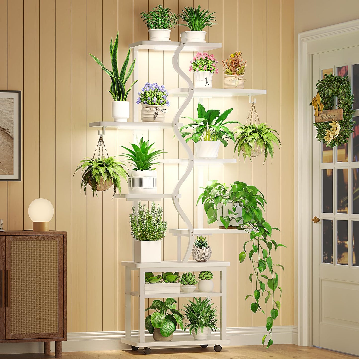 Itaar Plant Stand Indoor with Grow Lights, 9 Tiered Plant Shelf Indoor, 71" Tall Plant Stands with Wheels, S-Shaped Metal Plant Stand Display for Living Room, Patio(White)
