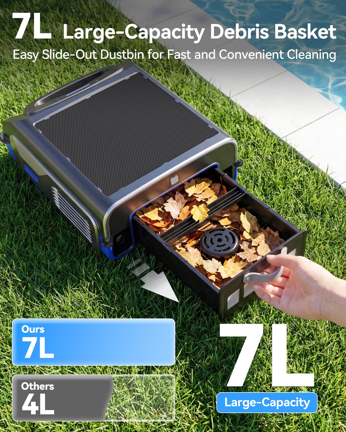 Poofata 2026 New V1T Solar Pool Skimmer, Robotic Pool Surface Skimmer Cleaner with App Control, 7L Large Basket 24/7 Cleaning Smart Obstacle Avoidance Dual Charging Options Ideal for Above Ground Pool