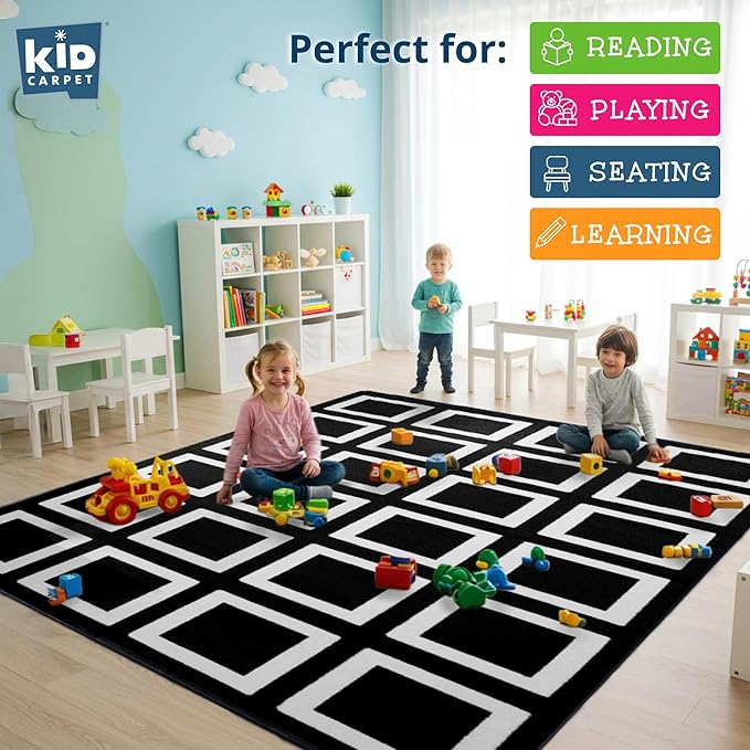 KIDCARPET.COM Black and White Squares Classroom Seating Rug 7'6" x 12' Rectangle, Educational Classroom Rug, Kids Learning Play Mat | Area Rug for Bedroom or Playroom