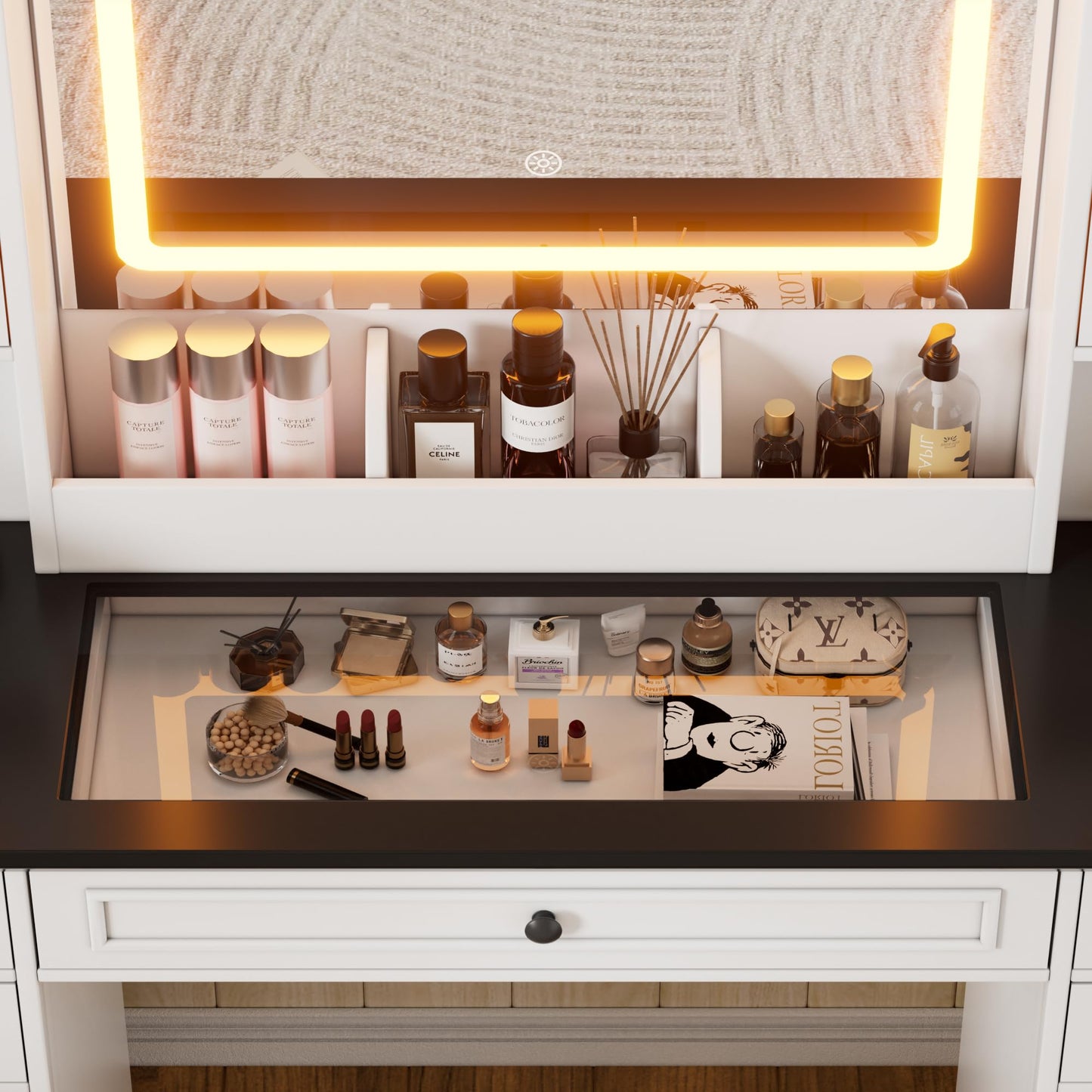 Vanity Desk with HD Lighted Mirror & Power Outlet, Farmhouse Makeup Vanity Table with 5 Storage Drawers & 2 Cabinets & Shelves, Large Glass Top Dressing Table with 3 Lighting Modes for Women,White