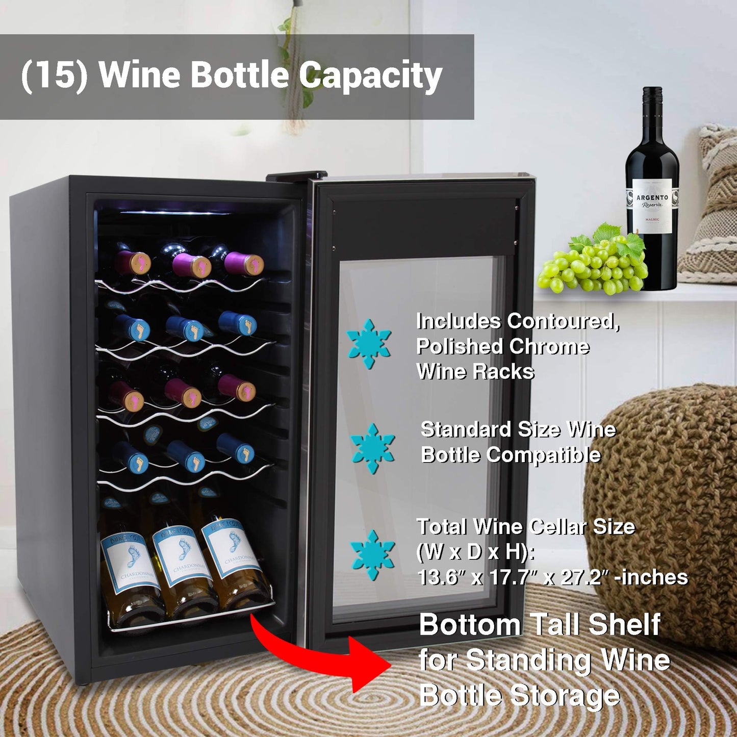 Nutrichef 15 Bottle Wine Fridge Red and White Wine Chiller Adjustable Temp Control 41°F to 64°F Ultra Quiet Operation Mini Wine Cooler Built for Home, Office, Kitchen Counter, 27x13x17 IN