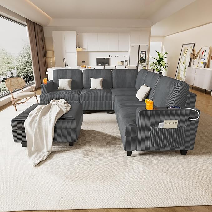 90 Inch Sectional Sleeper Sofa with Deep Seat, Grey Cloud Modular Couch with Storage Ottoman & USB Ports, Convertible U-Shape L-Shape Sectional for Living Room (Grey, 5 Seat + 1 Ottoman)