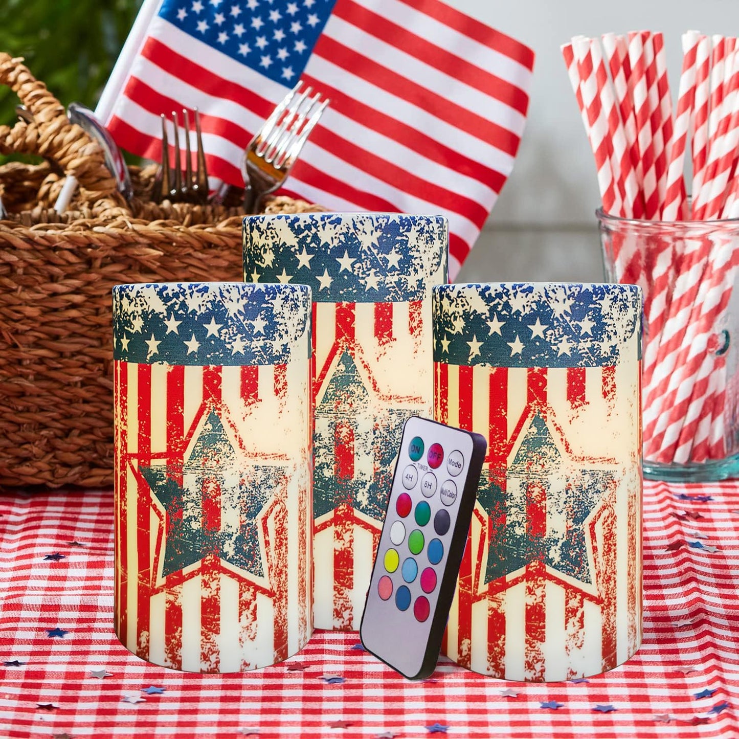 Aulaygo Patriotic Candles With Timer Remote Control Set Of 3 Vintage American Flag Flameless Led Candles Battery Operated For In