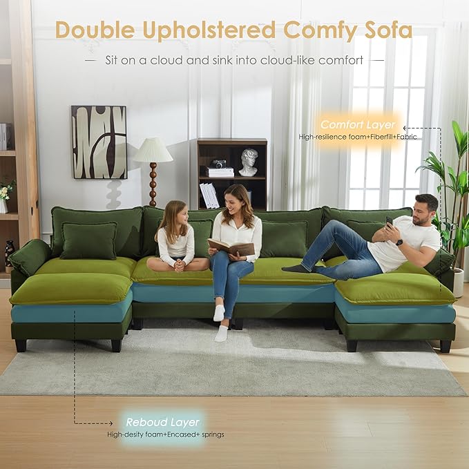 URRED Cloud Couch Modular Sectional Sofa, 157" Modern U Shaped Deep Seat Sofa with 2 Ottomans & Pillows, Ultra Comfy Corduroy Couches for Living Room, Bedroom or Apartment, Green
