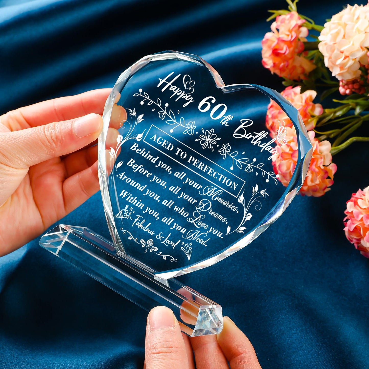 QIANRUNA 60th Birthday Gifts for Women Men, Laser Crystal Heart 60th Birthday Decorations Ideas, Happy Birthday Gifts for 60 Year Old Men Women Husband Wife Mom Dad Friend