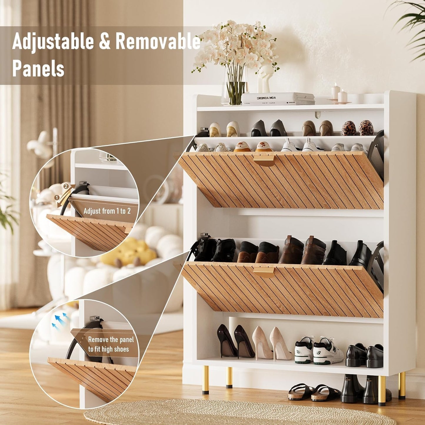 astimey Shoe Storage Cabinet with 2 Flip Drawers 46'' Tall, 7-Tier Hidden Shoe Organizer, Narrow Shoe Rack Cabinet, Freestanding Organizer for Entryway/Hallway/Closet, Wood