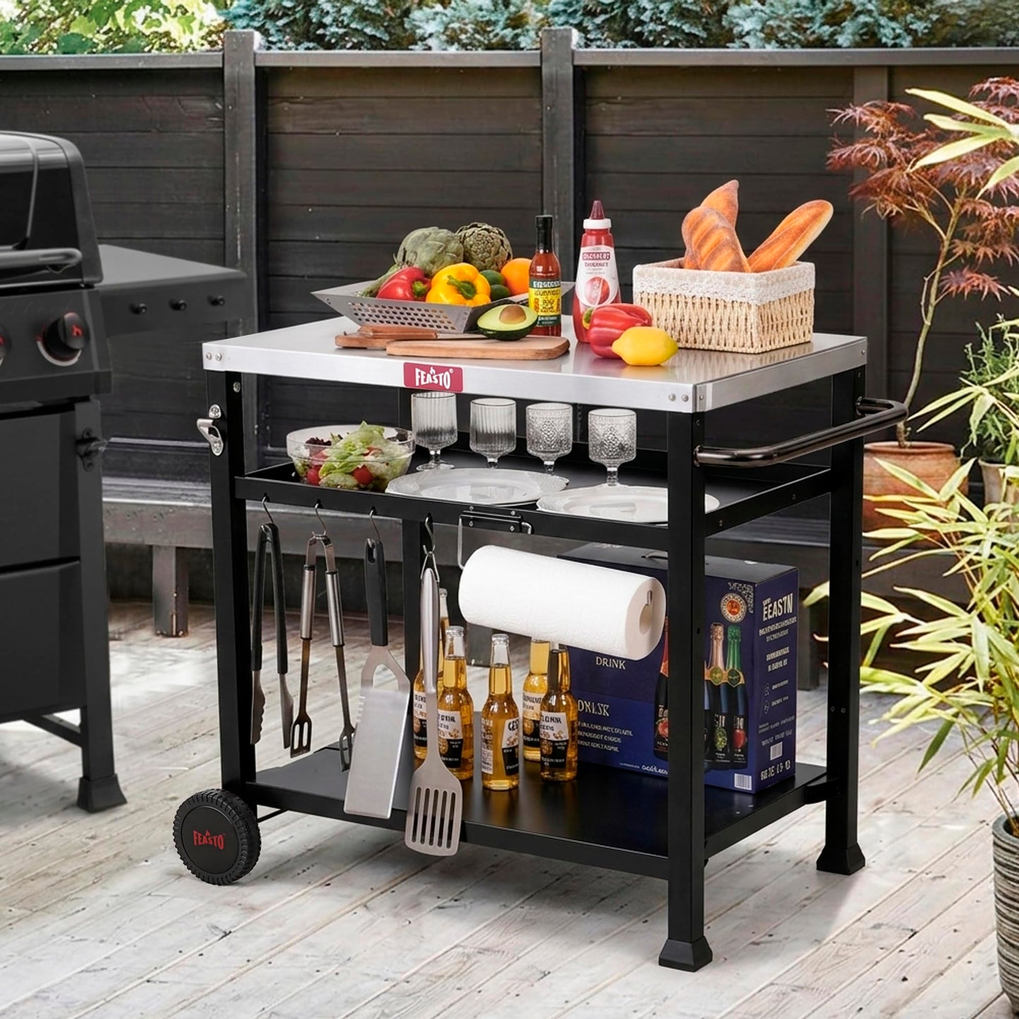Feasto 3-Shelf Pizza Oven Table with 33.5" x 21.7" Stainless Tabletop, Outdoor Grill Cart with Tank Hook for Pizza Ovens & Griddles, Heavy-Duty Prep Station for Patio BBQ and Deck Parties, Black