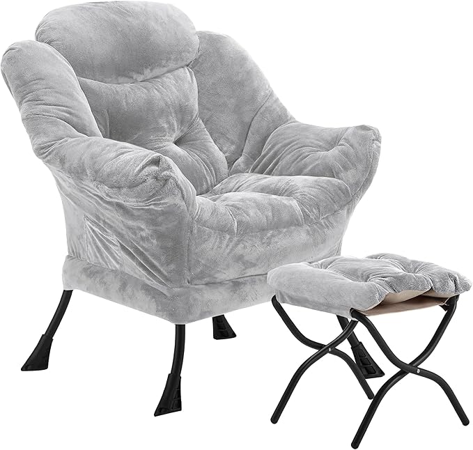 Youtanic Lazy Chair with Folding Ottoman, Accent Chair Plush Upholstered with Metal Structure and Non-Slip Pads, Sofa Armchair with Footrest and Side Storage Bag for Dorm, Room, Office, Light Gray