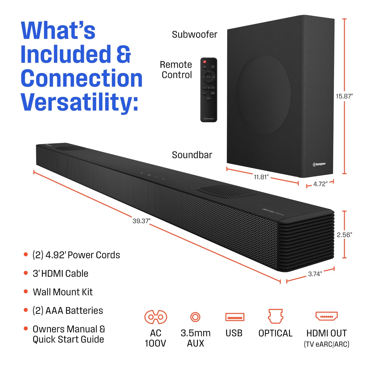 Westinghouse 5.1.2 Soundbar w/Wireless Subwoofer for Smart TV, 200W Max Output Surround Sound w/Dolby Atmos & Dolby Digital Plus, Home Theater Audio, HDMI/eArc, Bluetooth, Roku TV Ready