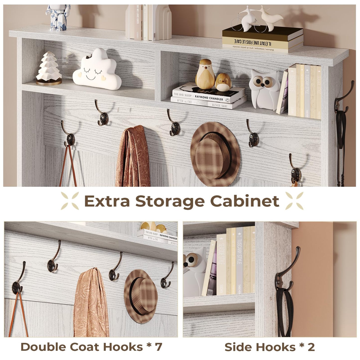 Itaar Hall Tree with Bench and Shoe Storage, 5-in-1 Entryway Bench with Coat Rack, 10 Shoe Cubbies & 9 Coat Hooks, Barn Door & Adjustable Shelf (Embossed White)