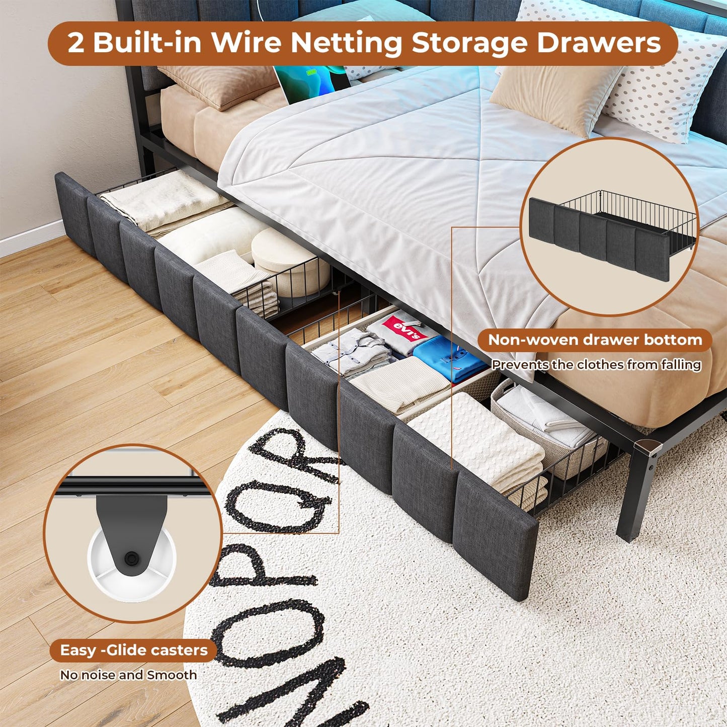 DICTAC Twin XL Bed Frame with 2 Storage Drawers and Charging Station Twin XL Size Platform Corner Bed Frame with Led Lights and Upholstered Guardrail Daybed for Living Room,Bedroom and Guest Room,Gray