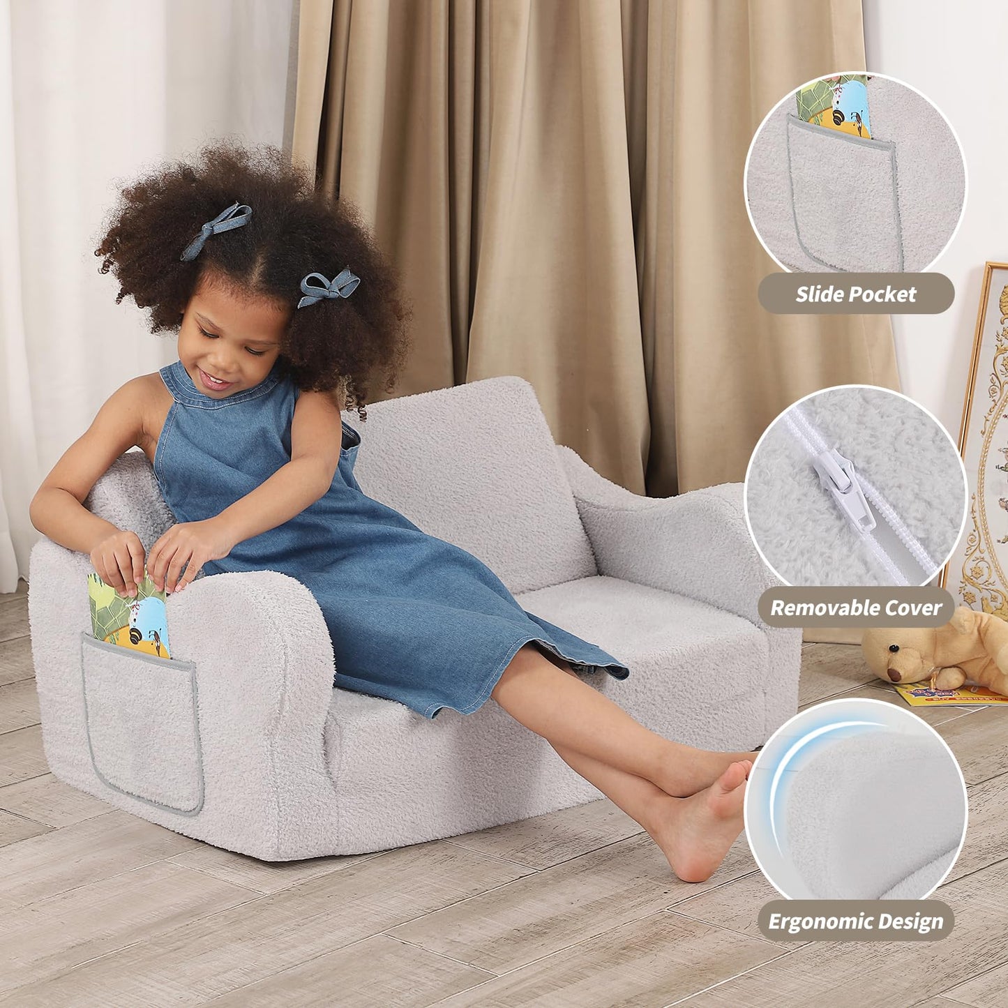 BestRoyal Extra Wide Toddler Chair, 2-in-1 Toddler Couch Fold Out, Convertible Sherpa Sofa to Lounger for Boys & Girls, Grey
