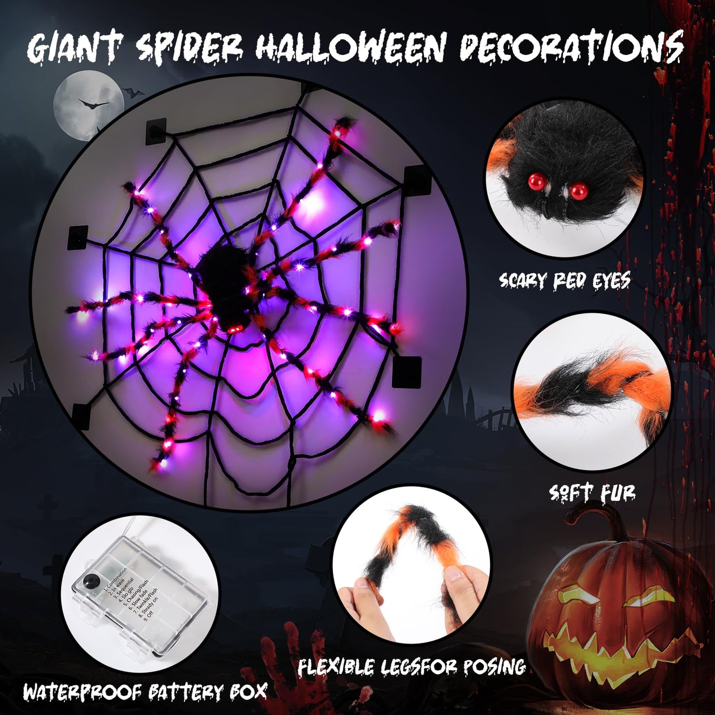 Halloween Decorations,4.5 ft Halloween Spider,Giant Spider,Haunted House Decorations,5.7ft Spider Web,58 LED Lights,8 Lighting Modes,8 Wall Mounted Traceless Adhesives,Battery Operated