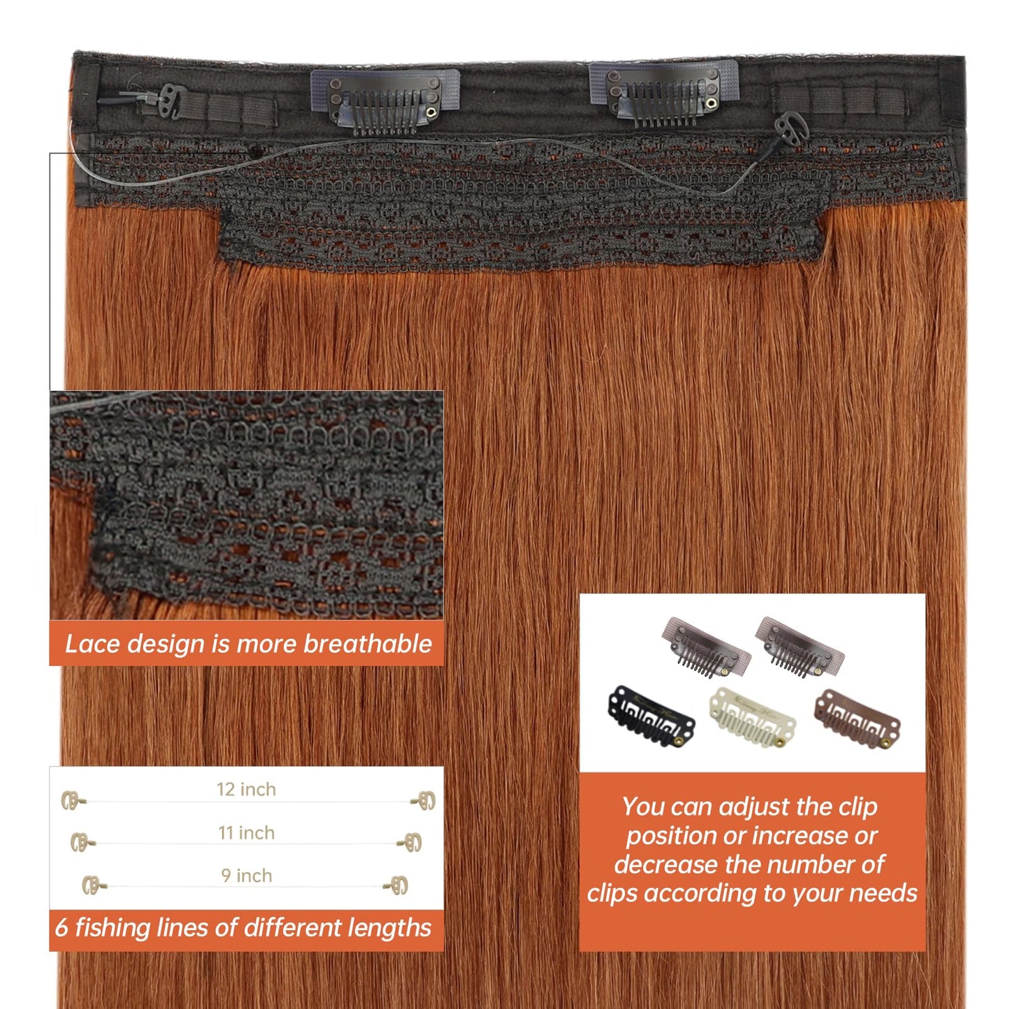 Sunny Wire Hair Extensions Real Human Hair Fish Line Human Hair Extensions Invisible Wire Extensions Copper #350 18 Inch
