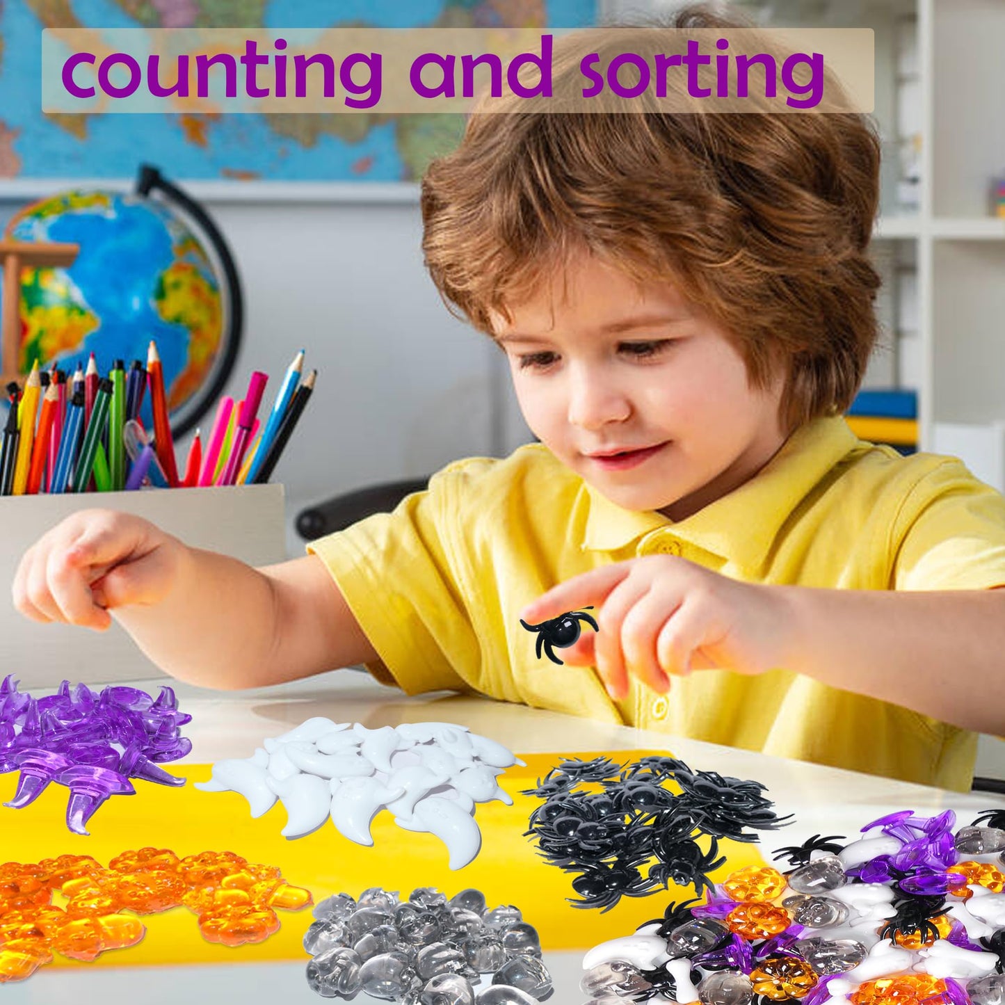 HADDIY Halloween Sensory Bin Filler,300 Pcs Mini Acrylic Pumpkin Ghost Skull Gems Vase Fillers for Halloween Centerpieces Table Decorations,Table Scatters,Preschool Counting and Craft
