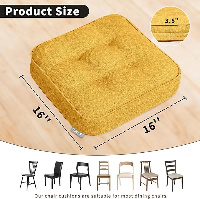 GOFORIT Memory Foam Cushion，Square Seat Cushions for Dining Chairs,Non-Slip Chair Pads with Removable Cover, 16'' x 16'',4 Pack, Yellow