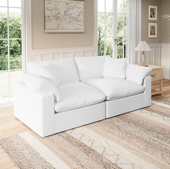 Forest aesthetics Modular Sectional Sofa Cloud Couch,78.6" Down Filled Comfy Cloud Modern Sofa,2 Seater with White Linen Couch Cushion Covers Removable Furniture for Living Room