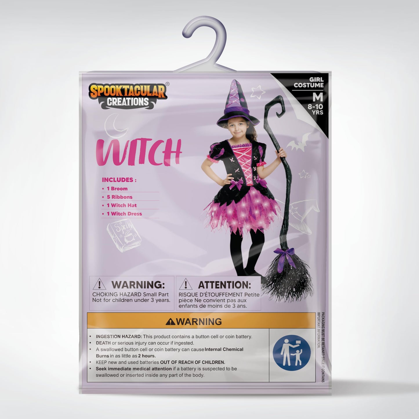 Spooktacular Creations Halloween Child Girls Light Up Pink Witch Costume, Toddlers Tattered Witch Tutu Dress with Broom and Hat for Kids Halloween Themed Parties (Small (5-7yr))