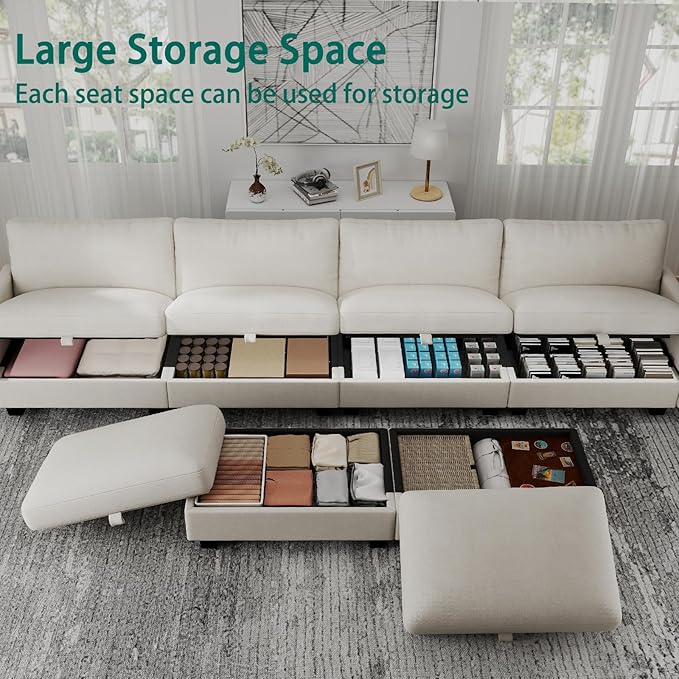 OhaiAura Modular Sectional U Shaped Sofa Couches for Living Room, Cloud Couch with Storage Ottoman, Comfy Chenille Sofa with Pillow, Beige