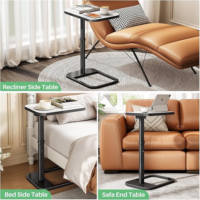 Kitstorack TV Tray Table, Adjustable Height & Rounded Metal Corners, Snack Table for Couch, Sofa, Bed, Chair, Living Room, C Shaped End Side Table for Eating, Dinner or Laptop, Small Spaces, White