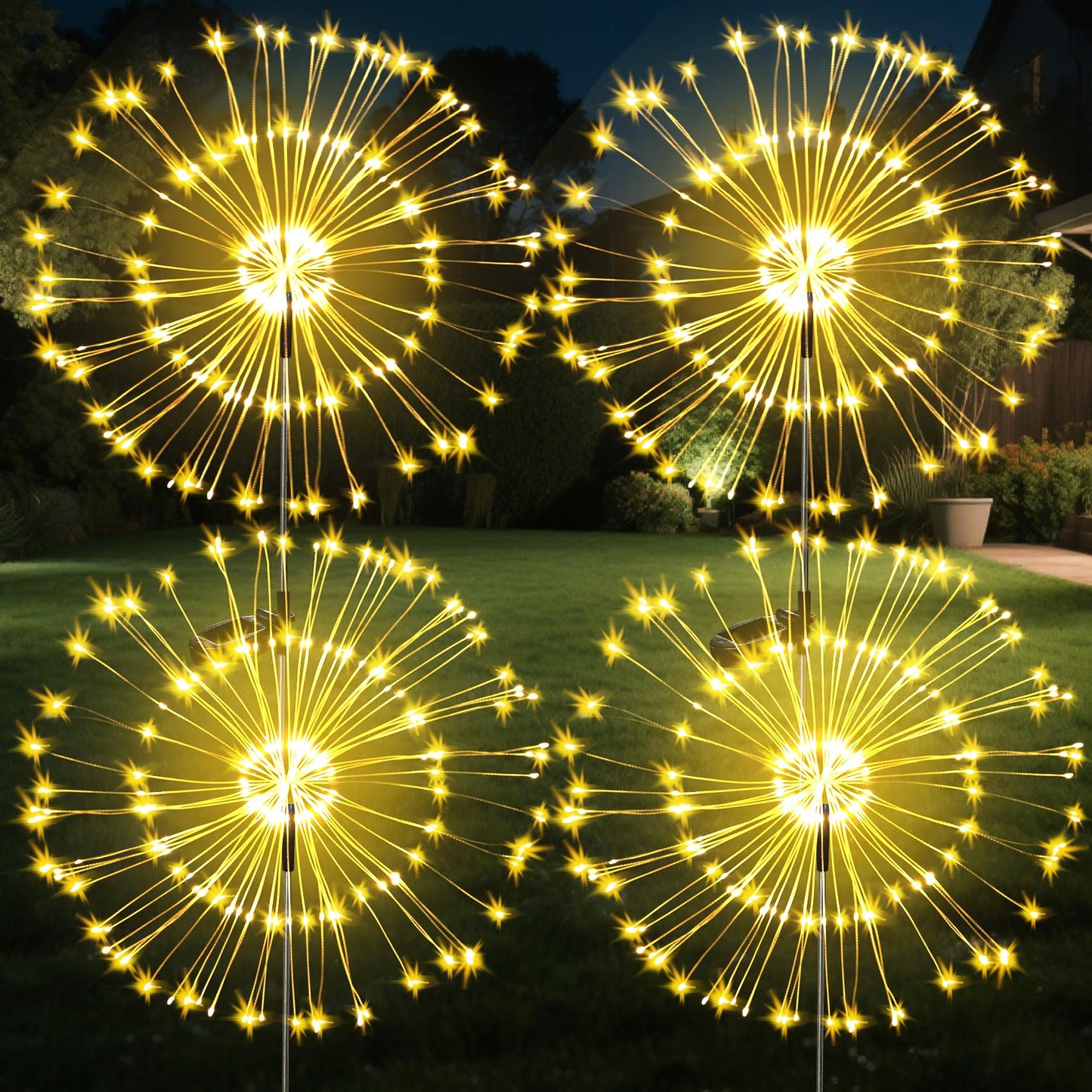 JJGoo Solar Firework Lights, 4 Pack 120 LEDs 2 Lighting Modes Solar Garden Lights Outdoor Waterproof for Yard Patio Walkway Pathway Party Wedding Christmas Decorative - Warm White