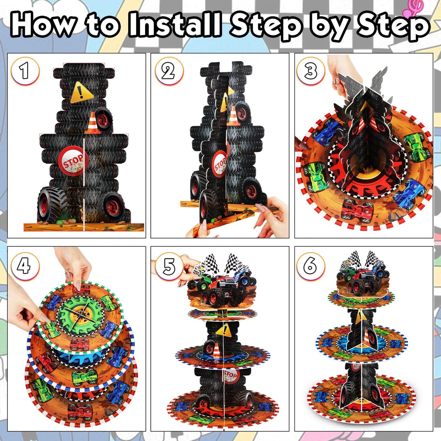 Sunnyray 3 Tier Truck Party Decorations Cupcake Stand Race Car Cupcake Tower Favors Racing Truck Party Dessert Holder Car Theme Dessert Stand for Kids Boys Race Car Birthday Supplies