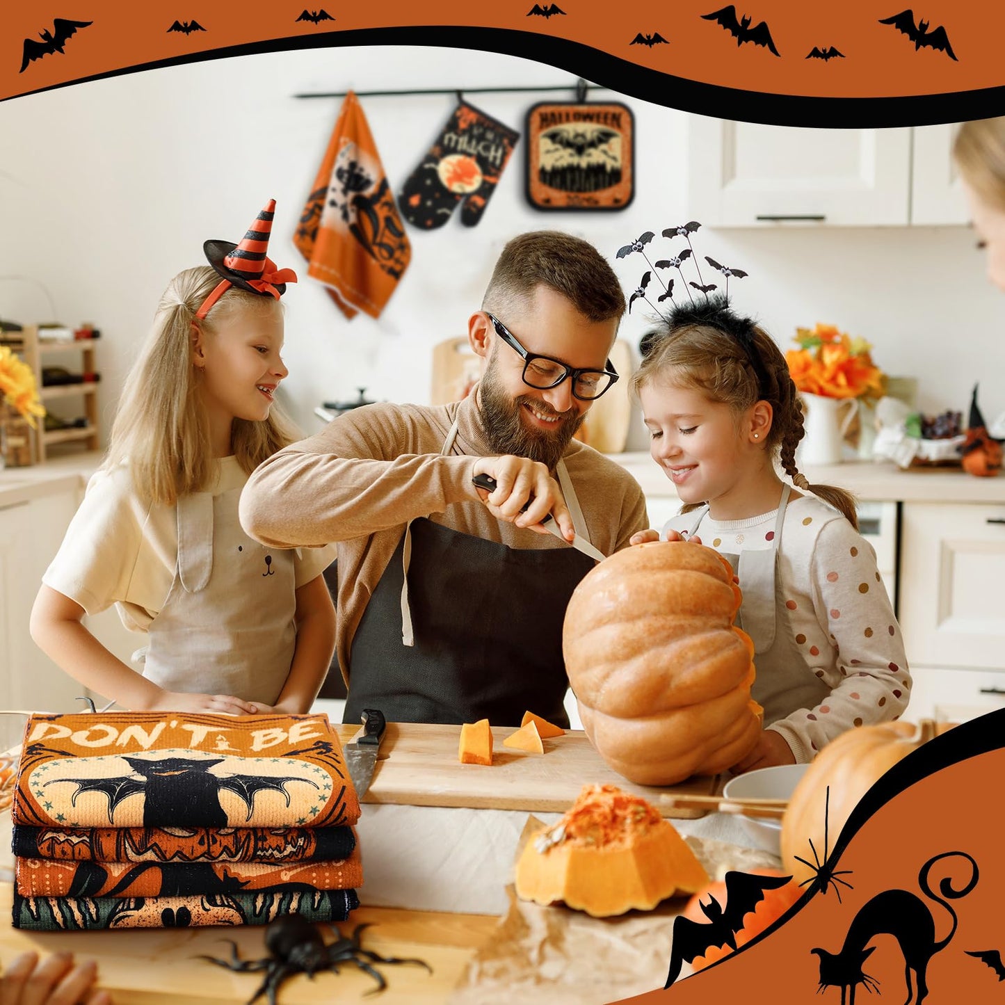 SiliFine 12 Pcs Halloween Kitchen Towels Pot Holders and Oven Mitts Set 4 Ghost Dish Towels 4 Gothic Witchy Oven Mitts 4 Spooky Pumpkin Pot Holders for Halloween Home Cooking Dish Baking Decorative