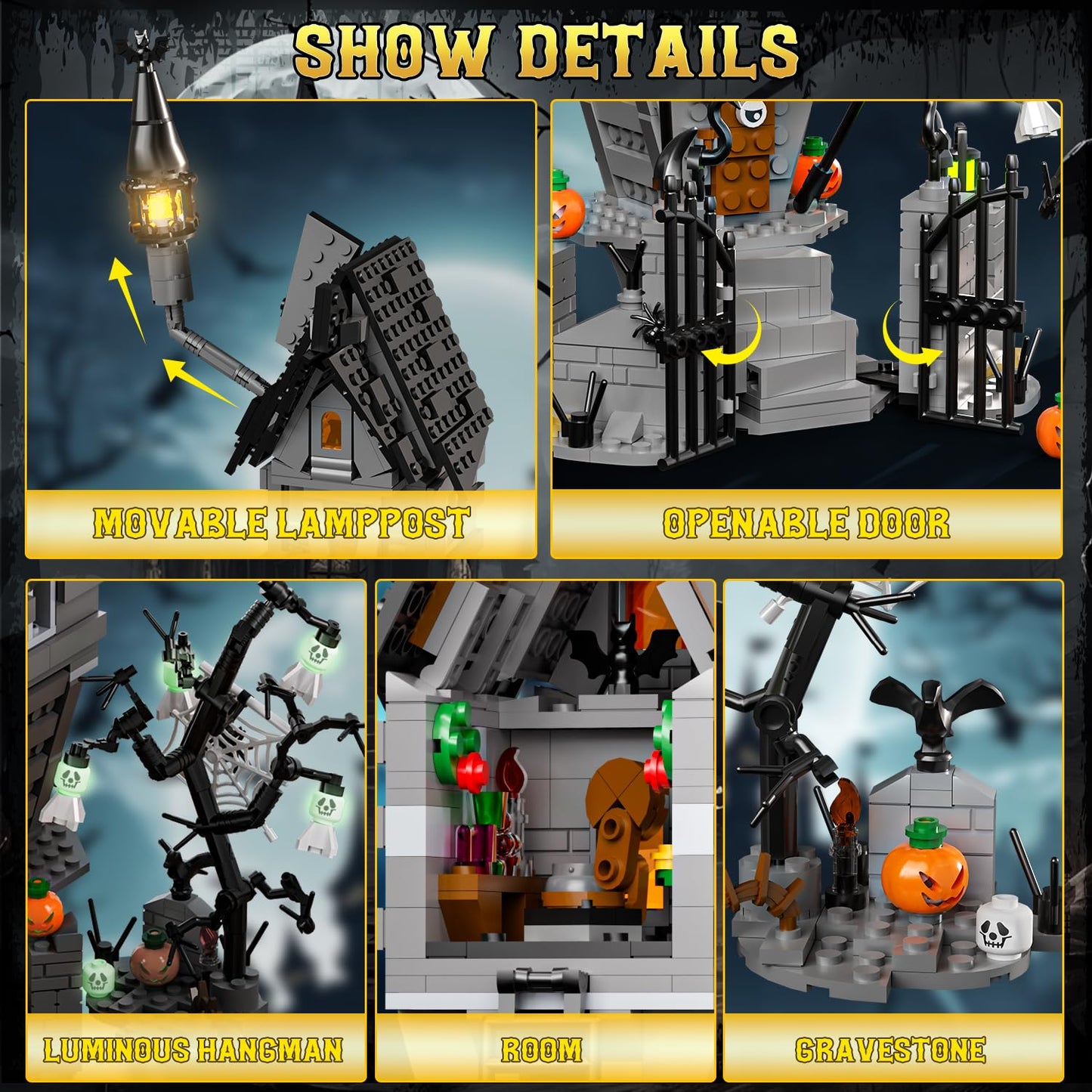 itshWOee Halloween Haunted House Building Set, Before Christmas Haunted Mansion with Light, Luminous Ghost Pumpkin Bat Withered Tree Spider Decor, Halloween for Fans, Adults Kids