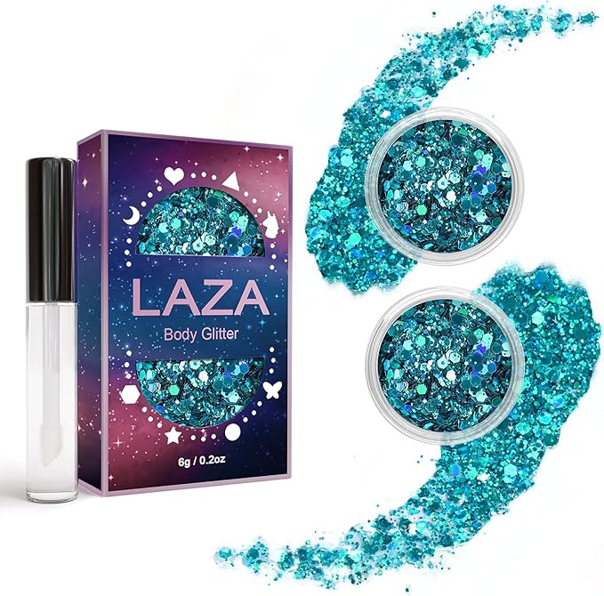 Laza Body Glitter, 2 Jars Holographic Chunky Sequins with Glitter Glue Perfect for Women Eyeshadow Makeup Face Paint Festi...