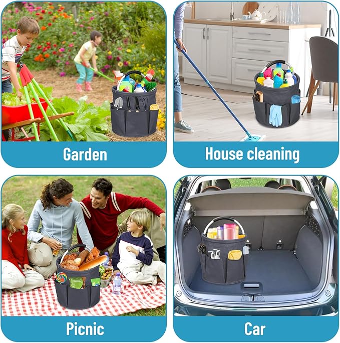 Cleaning Caddy with Handle, 17L Collapsible Cleaning Products Organiser Bucket Tool Organizer in 600D Oxford Fabric Portable Multi Cleaning Bucket Bag for Home Garden (Dark Grey)